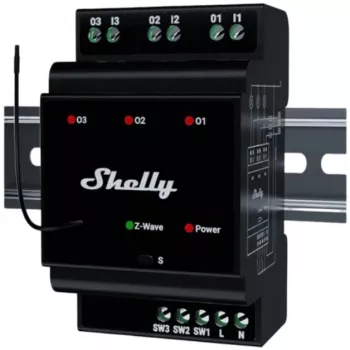 Relé inteligente Shelly Wave PRO 3 — negro, carcasa de plástico, 110–240 V AC, 50–60 Hz, 0,3 W, 53×59×96 mm
