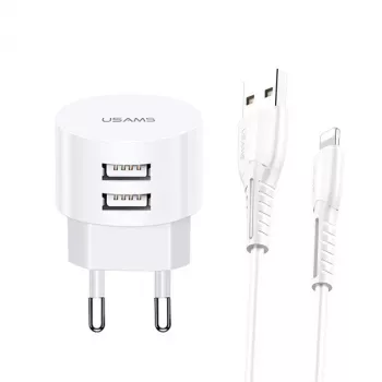 Cargador usams T20 2x USB 2.1A con cable Lightning – cargador de pared USB portátil