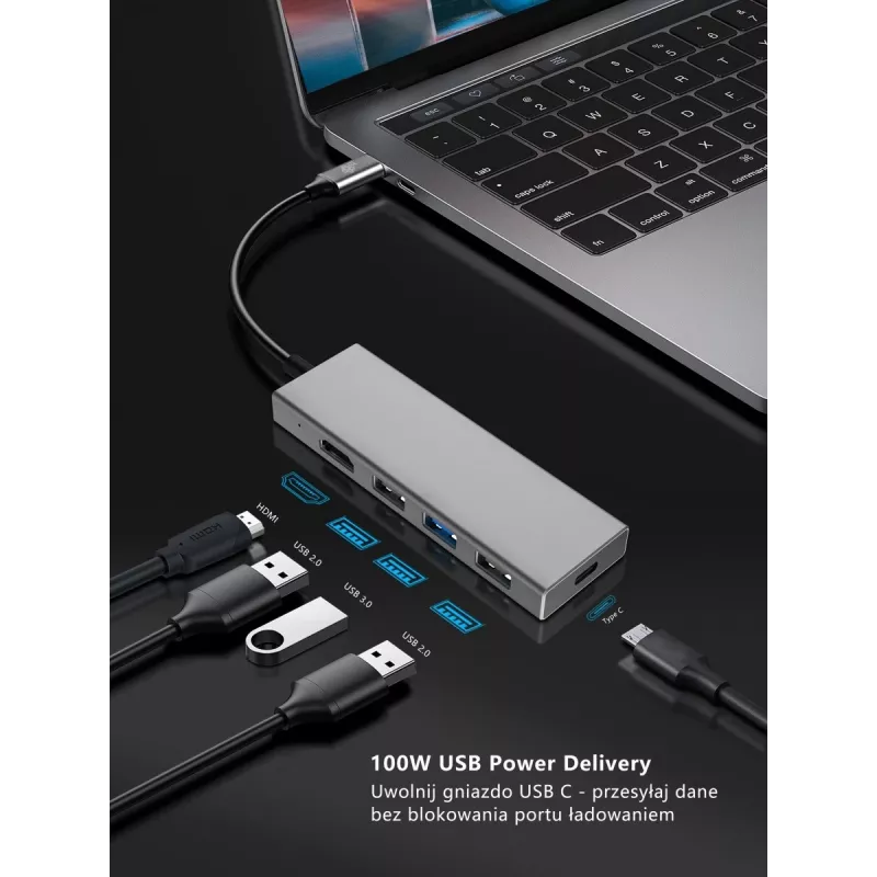 Adaptador TB USB-C 7v1 USB 3.0, 2xUSB 2.0, HDMI, PD, SD/TF