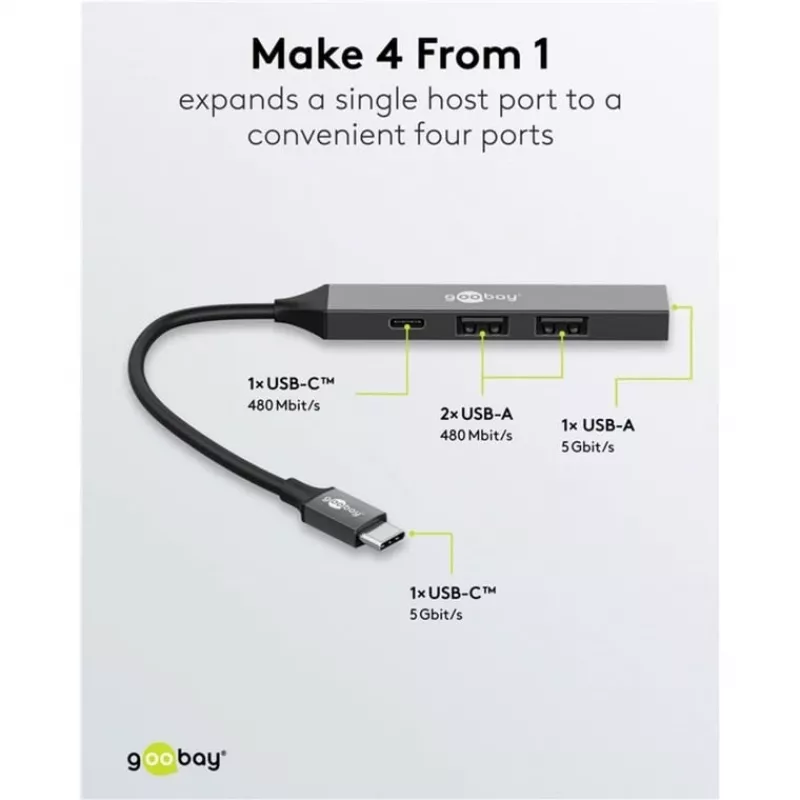 Hub USB Goobay Slim de 4 puertos, USB-C™ a USB-C™/USB-A, USB 3.2 (74459)