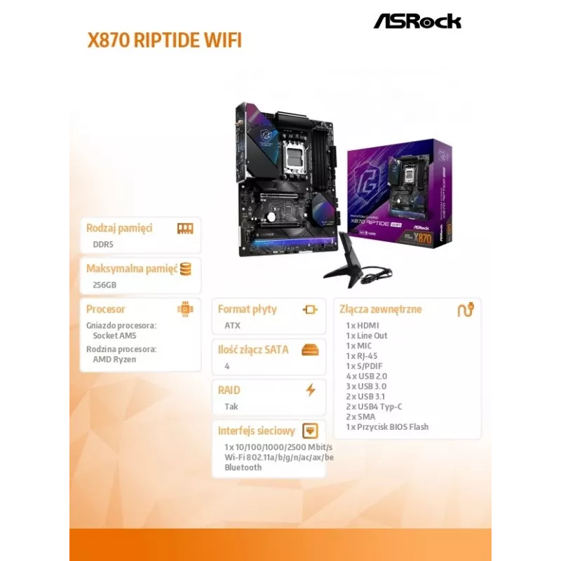 Placa base ASRock X870 Riptide WiFi — ATX, AMD X870, Socket AM5, DDR5, 4 DIMM, 256 GB, Wi-Fi 7, 2,5GbE