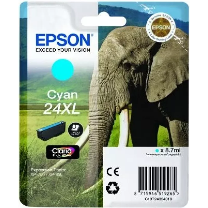 Epson Elephant pack individual cian 24XL tinta Claria Photo HD, cian, 1 ud.