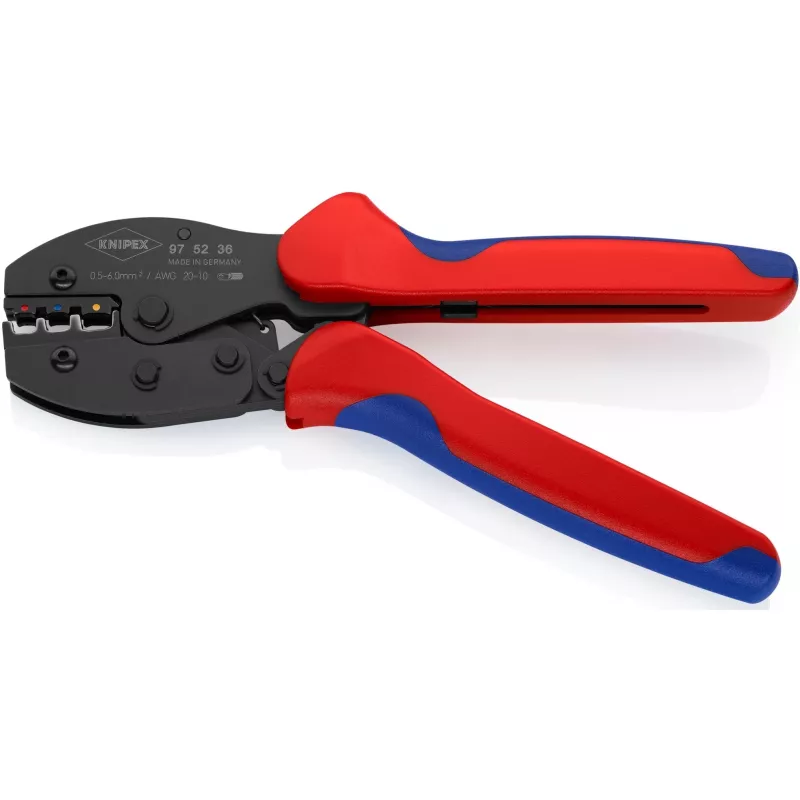 Alicate de crimpar Knipex PreciForce modelo 975236 SB — mangos aislados en negro, azul y rojo