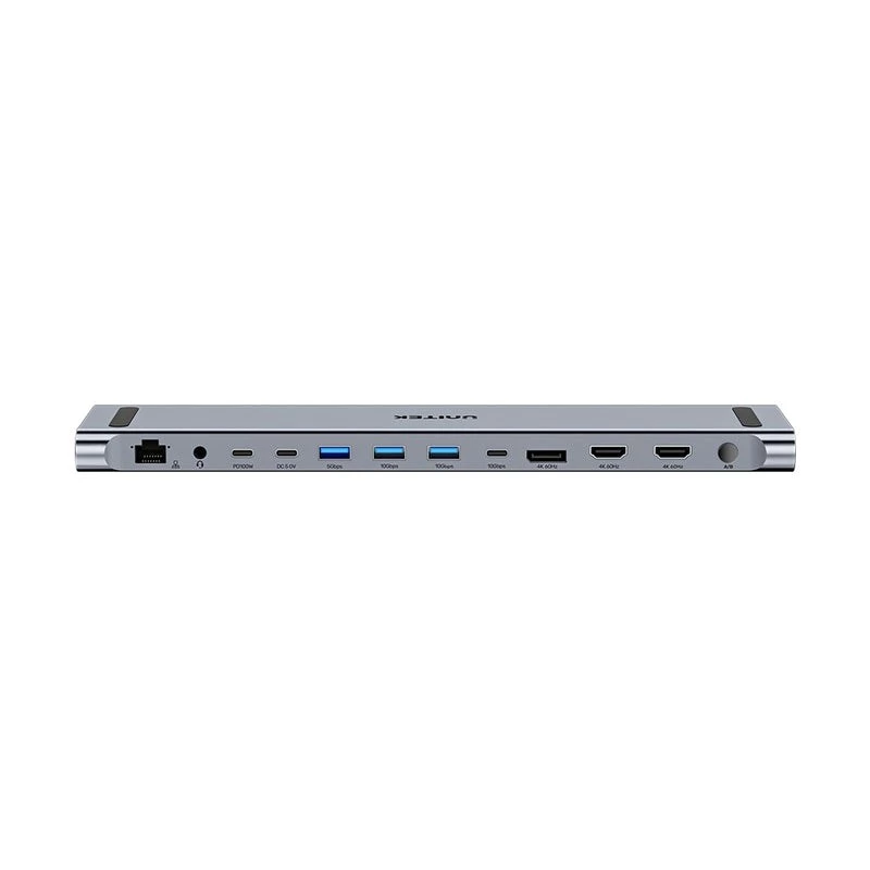 KVM-Switch Unitek D1106AGY01 Estación de acoplamiento USB-C Triple 4K con KVM, 3x USB-A, 5x USB-C, HDMI×2, DP×1, RJ-45, lector SD, 3840×2160@60Hz, Aluminio