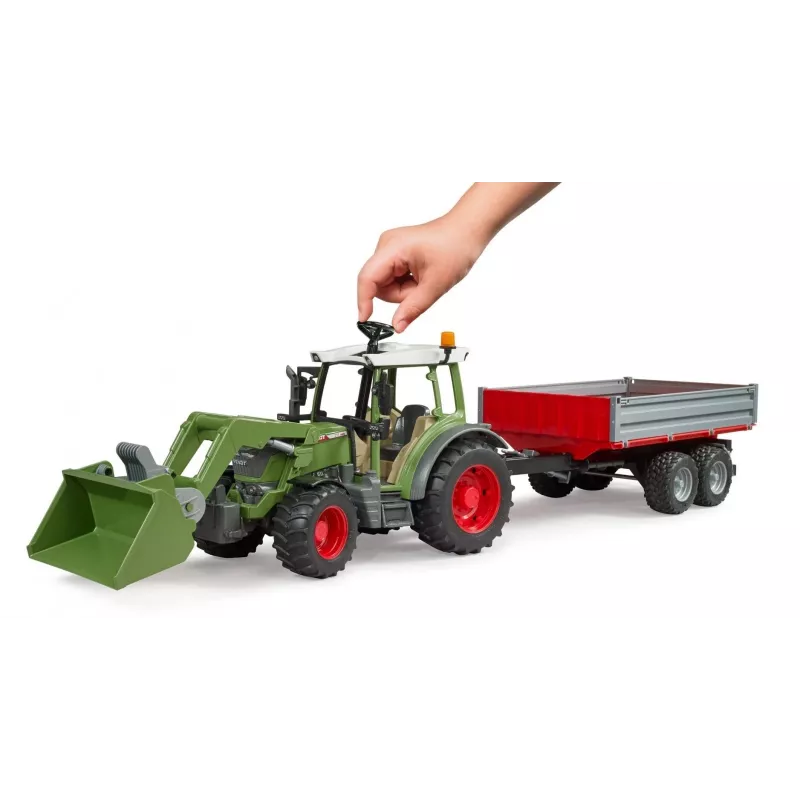 Tractor de juguete BRUDER Fendt Vario 211 con pala frontal y remolque lateral