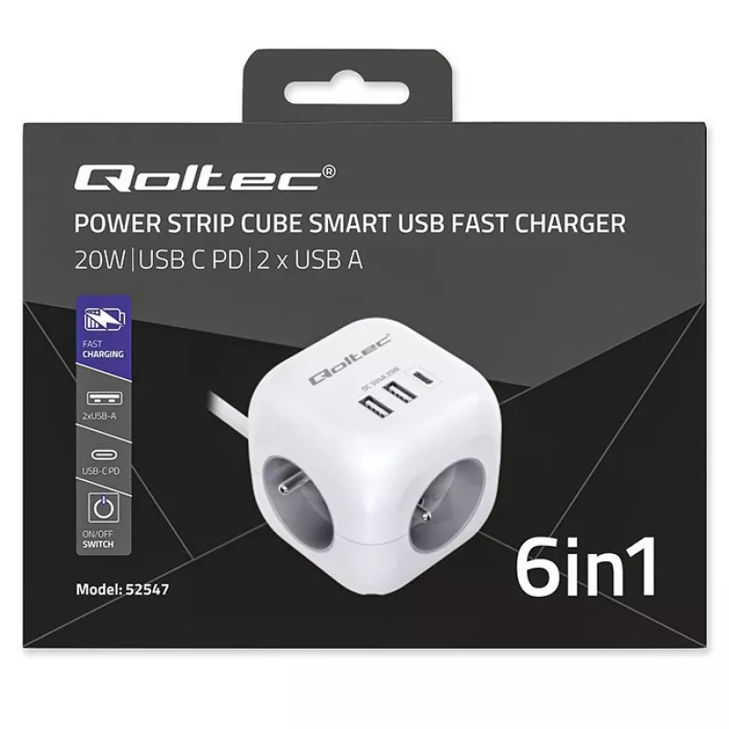 Regleta QOLTEC 52547 Power Cube 3 tomas AC, 2 USB-A, 1 USB-C PD 20W