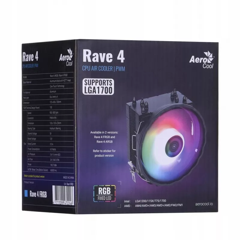 Ventilador de CPU AEROCOOL PGS Rave 4 FRGB ventilador de 120 mm, 4 heatpipes, ARGB, 120 × 25 mm, 1800 rpm, 12 V, 0,5 A