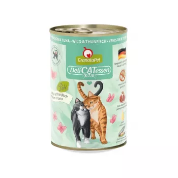 Comida húmeda para gatos Fox4Pets Granatapet DeliCATessen Caza y atún 400 g, alimento completo para gatos adultos, 78 % de humedad