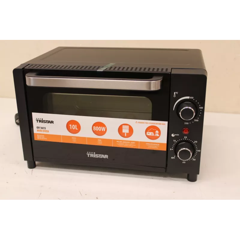 LIQUIDACIÓN. Tristar OV-3615 Mini horno, Negro | Tristar | Mini horno | OV-3615 | 10 L | 800 W | Negro | EMBALAJE DAÑADO, HUECO IRREGULAR ENTRE EL CRISTAL Y LA JUNTA DE LA PUERTA