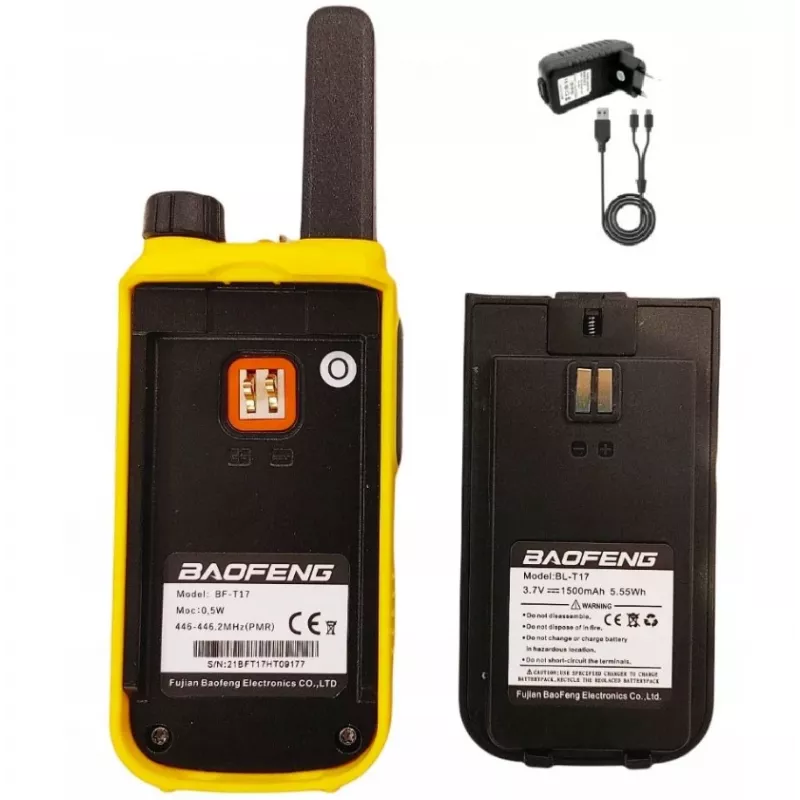 Walkie-talkie Baofeng BF-T17 — radiotransmisor infantil, 16 canales, 5 W, 400–470 MHz, batería de 1500 mAh, amarillo