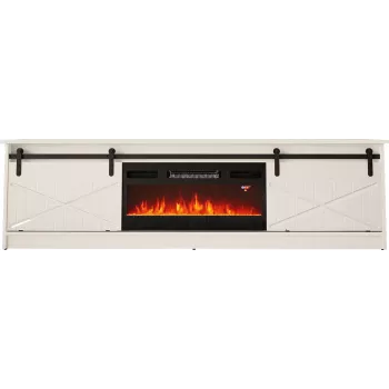 Mueble TV con chimenea eléctrica Cama Meble GRANERO modelo RTV GRANERO + KOM B/B, 200 x 56,7 x 35 cm, blanco/blanco brillante, 2 puertas, 2 estantes, MDF/tablero de partículas