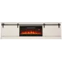 Mueble TV con chimenea eléctrica Cama Meble GRANERO modelo RTV GRANERO + KOM B/B, 200 x 56,7 x 35 cm, blanco/blanco brillante, 2 puertas, 2 estantes, MDF/tablero de partículas