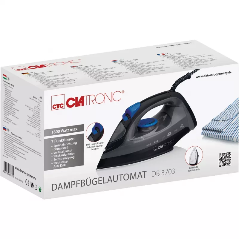 Plancha CLATRONIC DB 3703 — plancha en seco y con vapor, suela de acero inoxidable, 1800 W, negro/gris