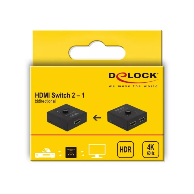 DeLock HDMI 2-1 bidireccional 4K 60 Hz compacto - Retail Box - Conmutador de vídeo/audio - 2 x HDMI - sobremesa (64072)