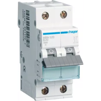 Hager MBN520. Número de polos: 2P. Frecuencia de red: 50/60 Hz, corriente nominal de salida: 20 A (MBN520)