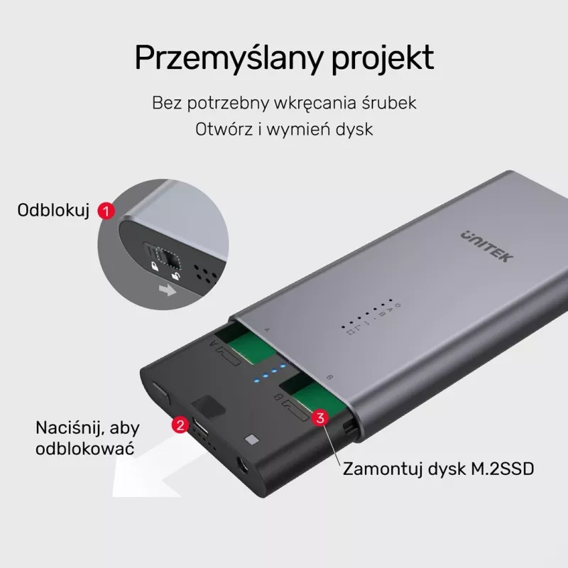 Carcasa SSD Unitek S1206A para 2 unidades M.2 NVMe PCIe Gen3 x4, USB 3.2 Gen 2 (10 Gbit/s), aluminio, USB-C, incluye fuente de alimentación