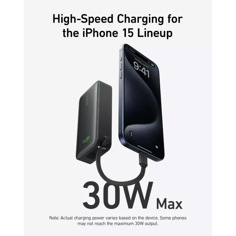 Batería externa 545 NANO 30W 10000mAh con cable USB-C integrado, negro