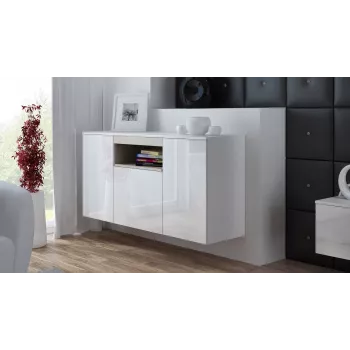 Aparador Cama Meble VIVA 150 — blanco/blanco alto brillo y roble sonoma, 3 puertas, 5 baldas, 1500×450×800 mm