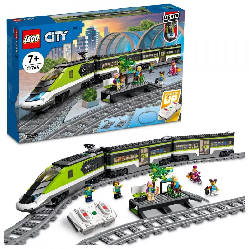 LEGO 60337 City Express Tren de pasajeros Set juguete teledirigido regalo para niños y niñas con faros funcionales 2 vagones y 24 piezas de vía
