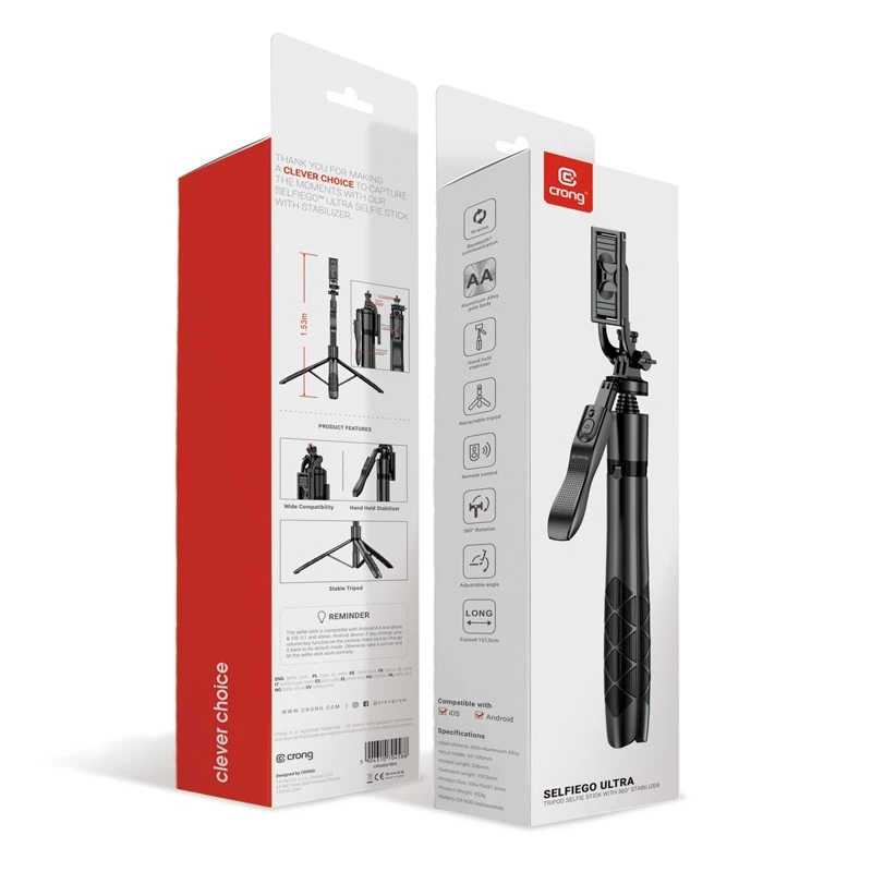 Palo selfie con trípode Crong CRGSGU1BLK aluminio Bluetooth con patas plegables y soporte para móvil