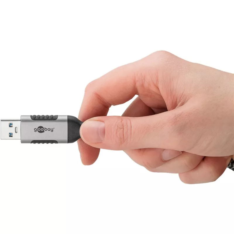 Cable Ethernet USB-A 3.2 Gen1 conector macho > conector macho RJ-45, adaptador LAN negro/plata, 1,5 metros, funda textil trenzada