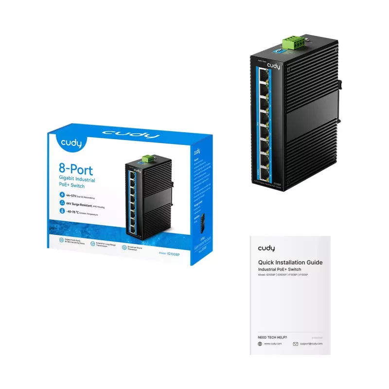 Switch Gigabit Ethernet PoE no gestionado Cudy IG1008P — 8× Gigabit (10/100/1000), PoE, 48–57V, 20 Gbit/s, 8000 MAC, montaje en pared, negro
