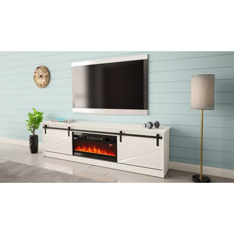 Mueble TV con chimenea eléctrica Cama Meble GRANERO modelo RTV GRANERO + KOM B/B, 200 x 56,7 x 35 cm, blanco/blanco brillante, 2 puertas, 2 estantes, MDF/tablero de partículas