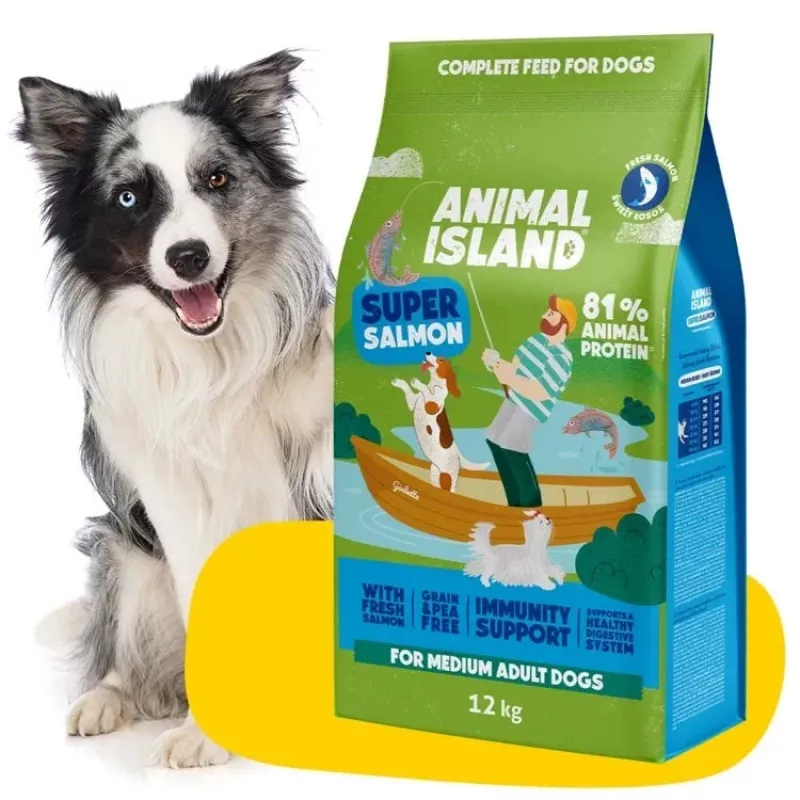 Pienso seco para perros Animal Island Adult Medium Salmon 12 kg — alimento completo para razas medianas, 32% proteína, 16% grasa, sin cereales