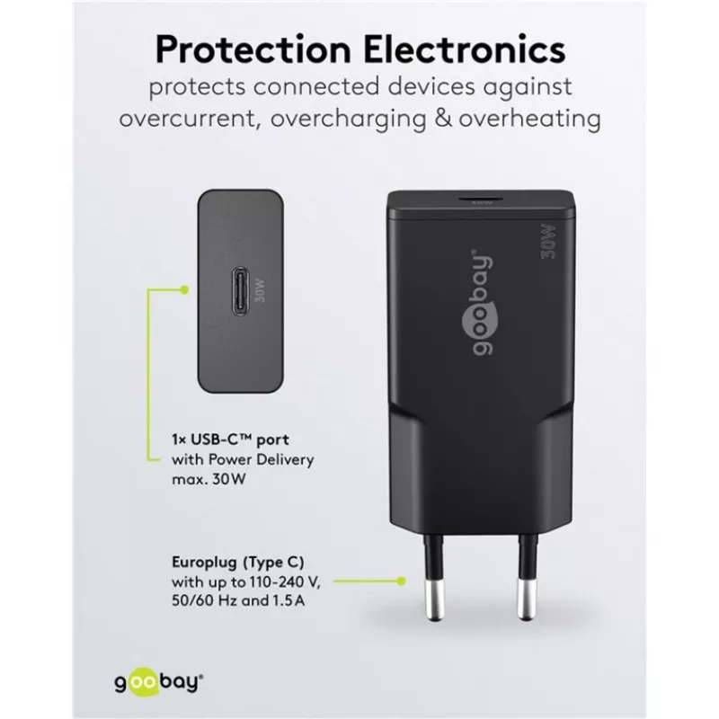 Goobay cargador rápido USB-C™ PD GaN delgado (30 W) negro