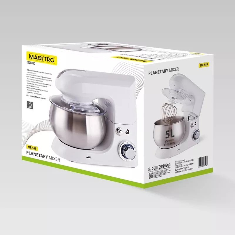 Batidora planetaria Maestro MR-559, vaso de acero inoxidable de 5,0 L, 2000 W, 6 velocidades, control giratorio