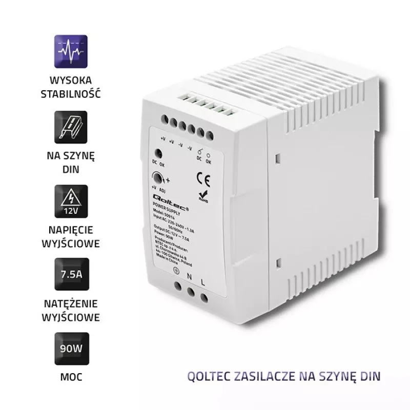 Qoltec 50914 Fuente de alimentación para carril DIN | 90W | 12V | 7,5A | Blanco | perfil bajo