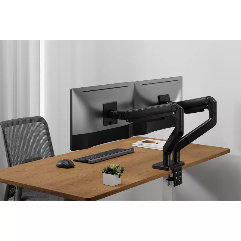 Soporte de monitor doble DIGITUS para 2 pantallas de 45 inch, pinza de mesa, 2×20 kg, VESA 75×75–100×100, inclinación -20–50°