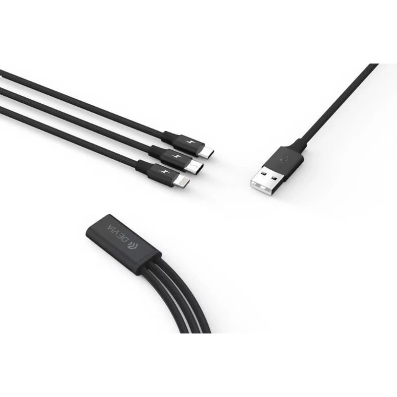 Cable de carga y datos USB 3 en 1 Devia Kintone Series — Lightning, Micro-USB, USB-C, 1,2 m, negro