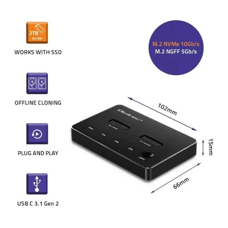 Qoltec 52274 Base de acoplamiento para SSD M.2 | NVMe | SATA | USB-C | DUAL 2 x 2TB