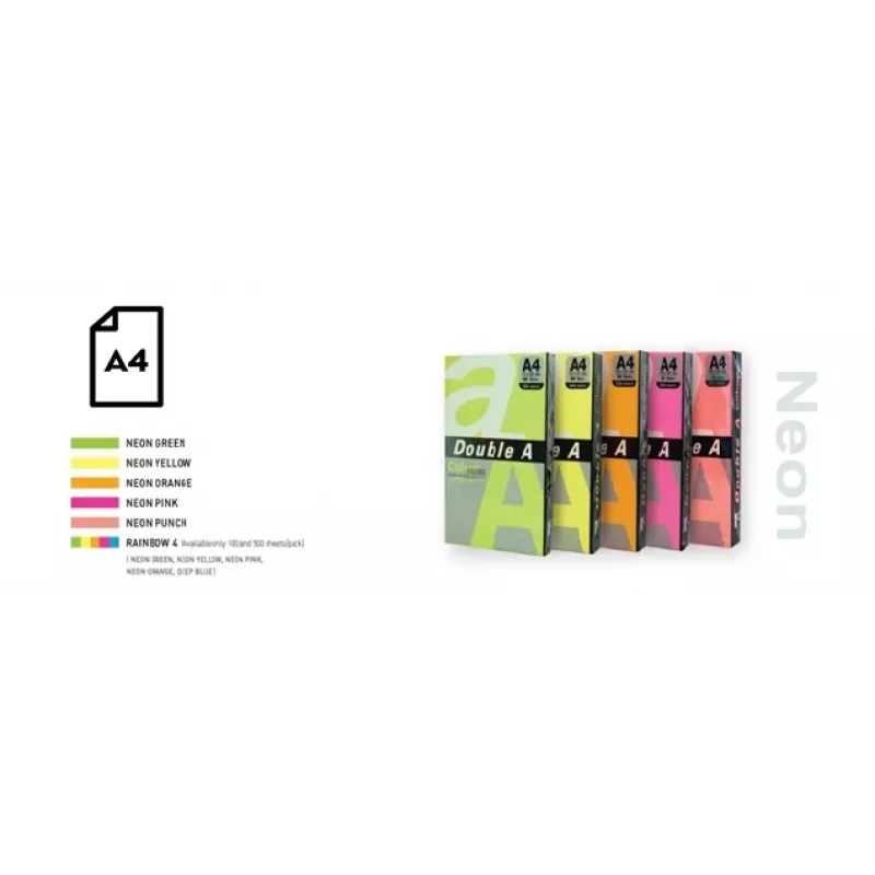 Papel neón de color Double A, 75 g, A4, 100 hojas, Rainbow 4, 5 colores neón