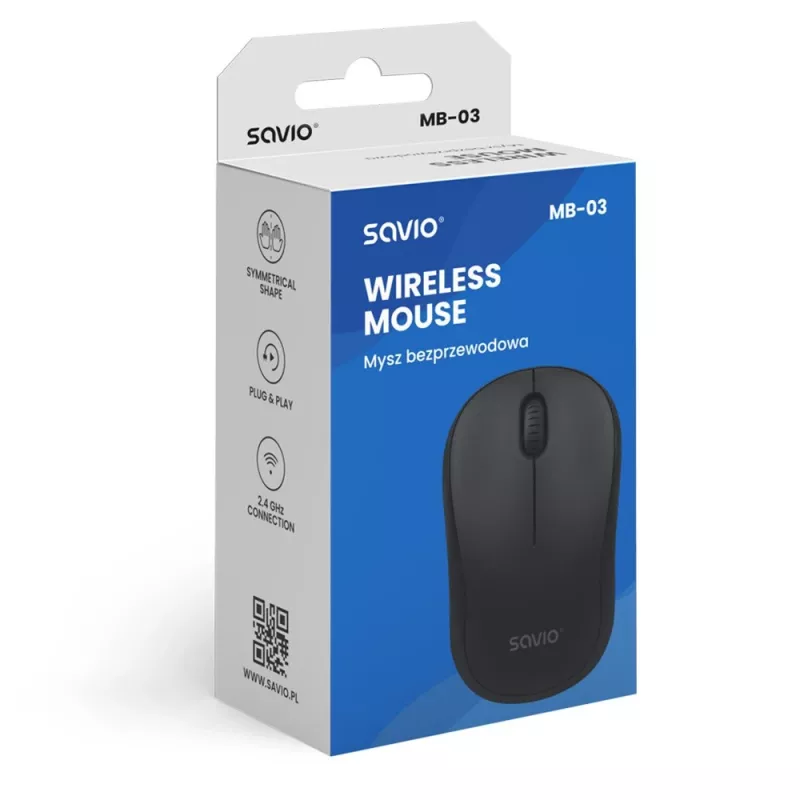 Savio MB-03 ratón óptico inalámbrico, receptor USB de 2,4 GHz, 1000 DPI, 3 botones, pila AA, 99x60x39 mm, 51 g, negro