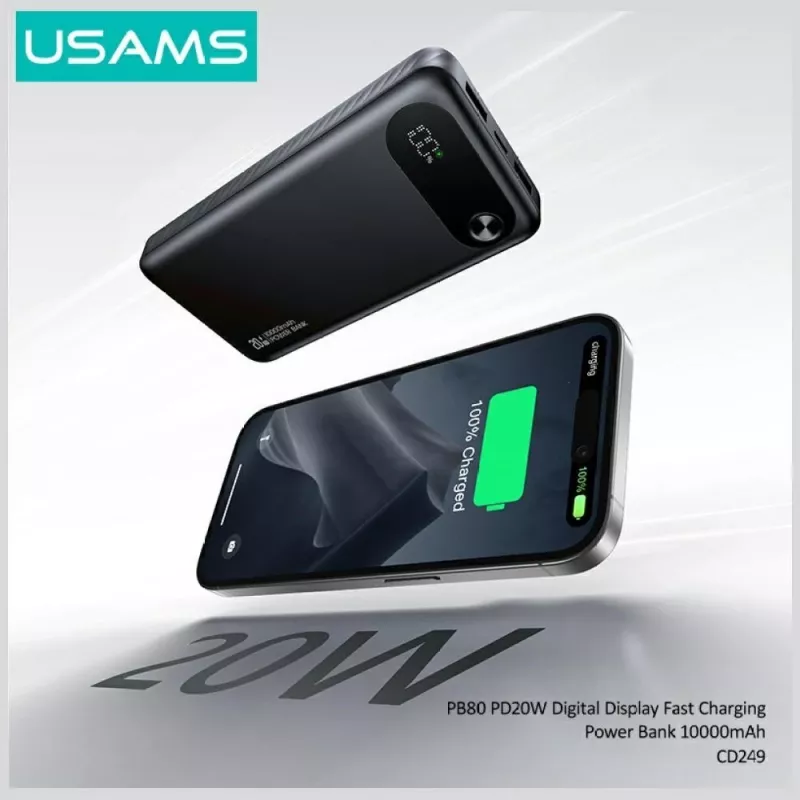 Batería externa usams PB80 PD20W 10000mAh — cargador portátil, negro