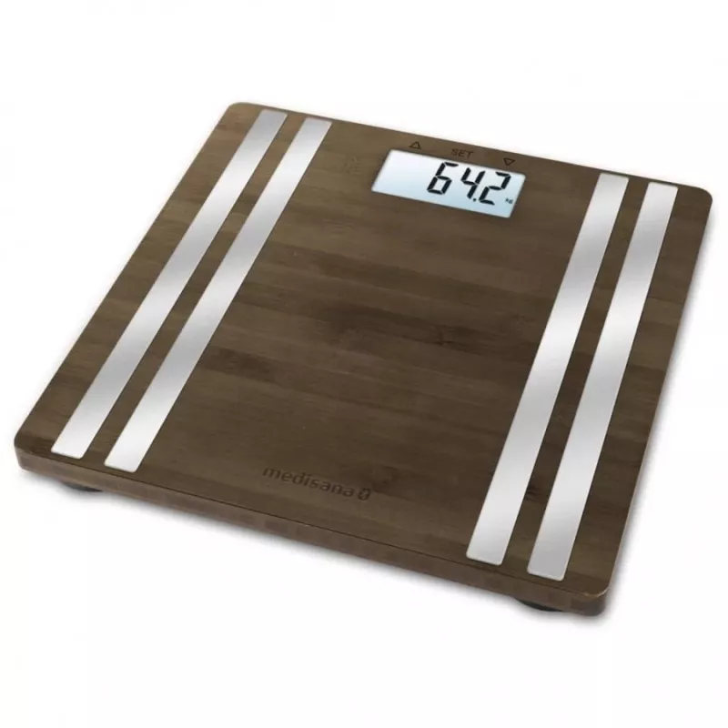 Báscula de baño electrónica Medisana BS 552 — color plata con superficie de bambú, máx. 180 kg, precisión de 100 g, Bluetooth, IMC, composición corporal