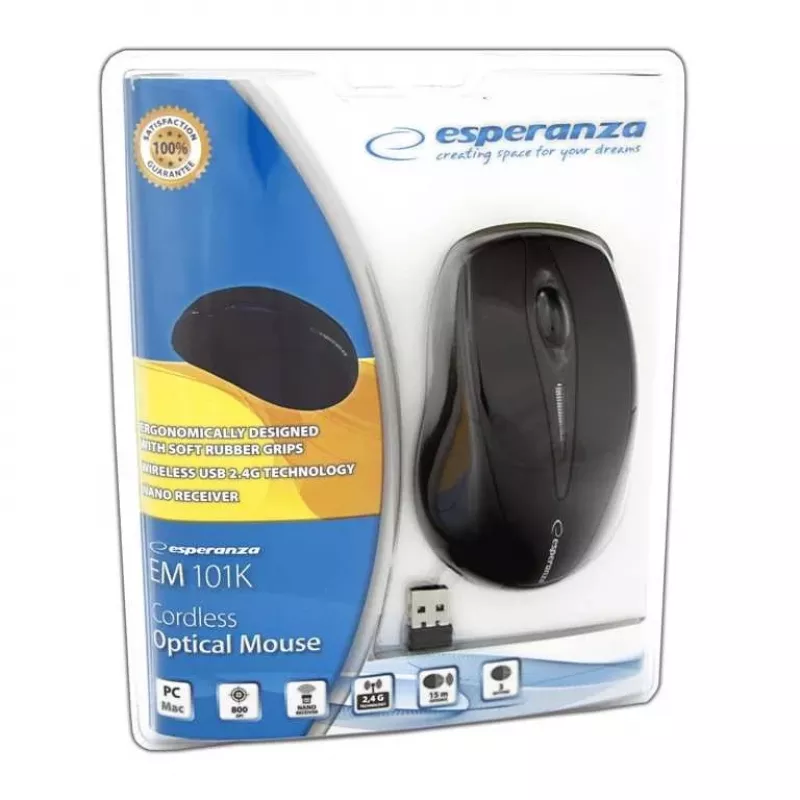 ¿Cableado? No – Ratón inalámbrico RF ESPERANZA EM101K, ambidiestro, 1000 DPI, receptor nano USB 2,4 GHz, negro