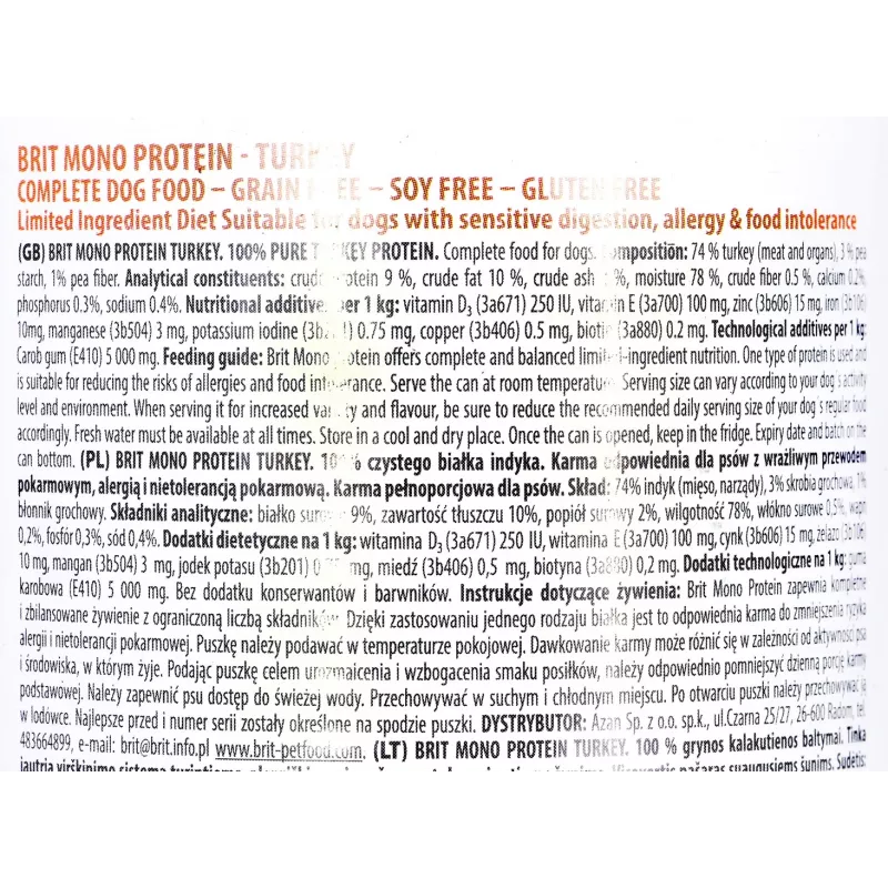 BRIT Mono Protein pavo - Comida húmeda para perros - 400 g