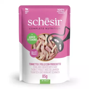 SCHESIR en gelatina atún y pollo con jamón - Comida húmeda para gatos - 85 g