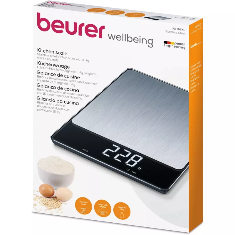 Báscula de cocina Beurer KS 34 XL acero inoxidable, capacidad 5 kg, precisión 1 g