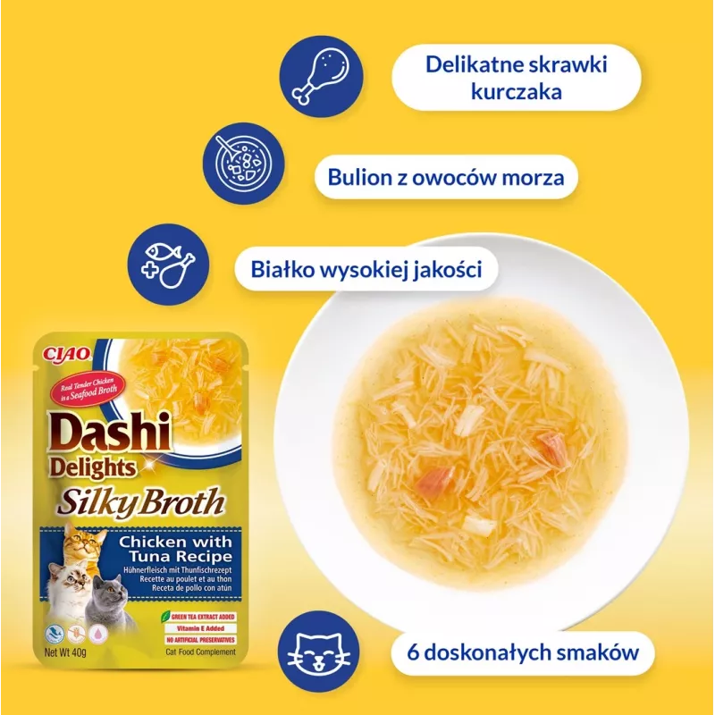 Snack húmedo para gatos INABA Dashi Delights Silky Broth pollo con queso sobre monodosis de 40 g