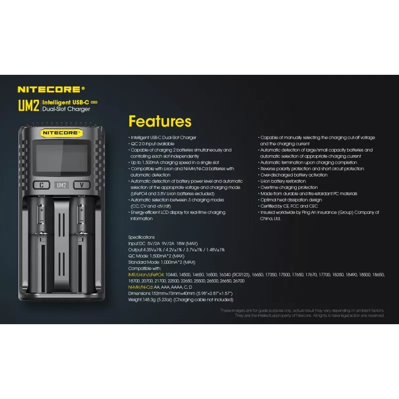 Cargador de baterías Nitecore UM2 pila doméstica DC ion-litio níquel-cadmio