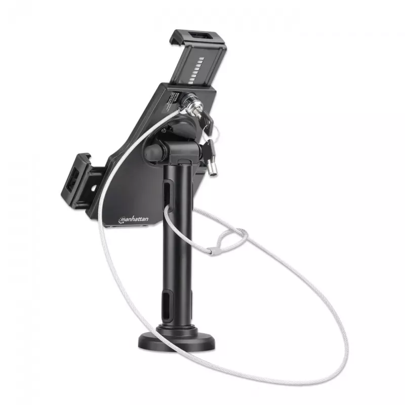 Soporte de mesa para iPad y tablet Manhattan, con cerradura, montaje en pared, protección antirrobo segura, tablets de 7,9 pulgadas a 10,5 pulgadas, giro 360°, inclinación +/- 70°, rotación 330°, negro, garantía de por vida