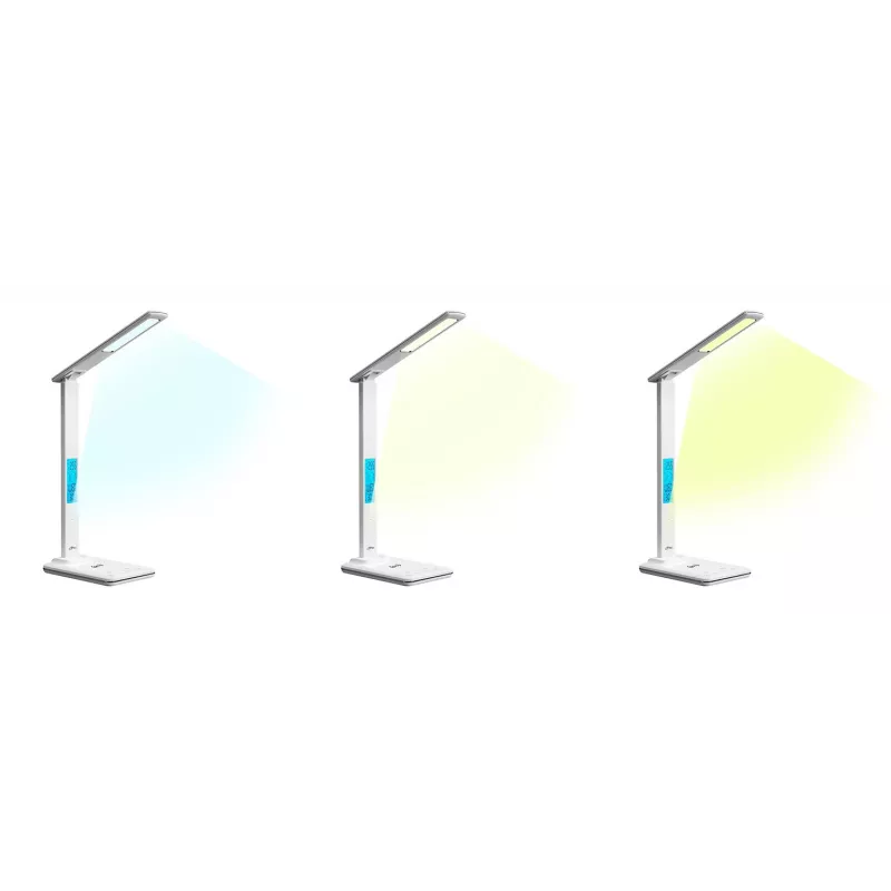 Media-Tech MT222 Leditou lámpara de escritorio LED con cargador inalámbrico Qi de 15 W, reloj, alarma, termómetro, blanca