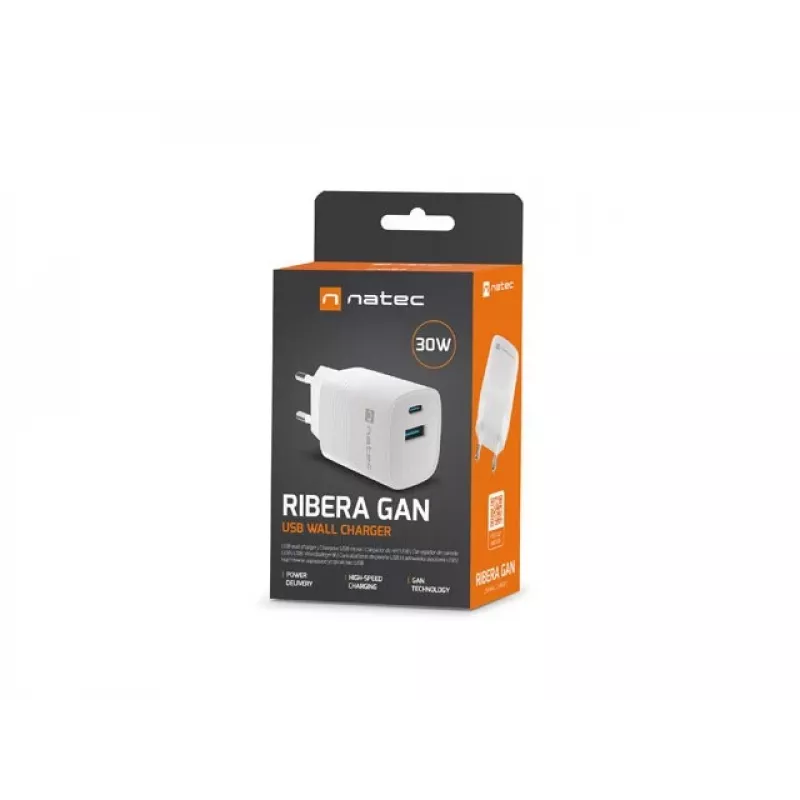 Cargador con cable para dispositivos móviles NATEC NUC-2140, 30W, USB-C PD 3.0 + USB-A, Samsung AFC, blanco
