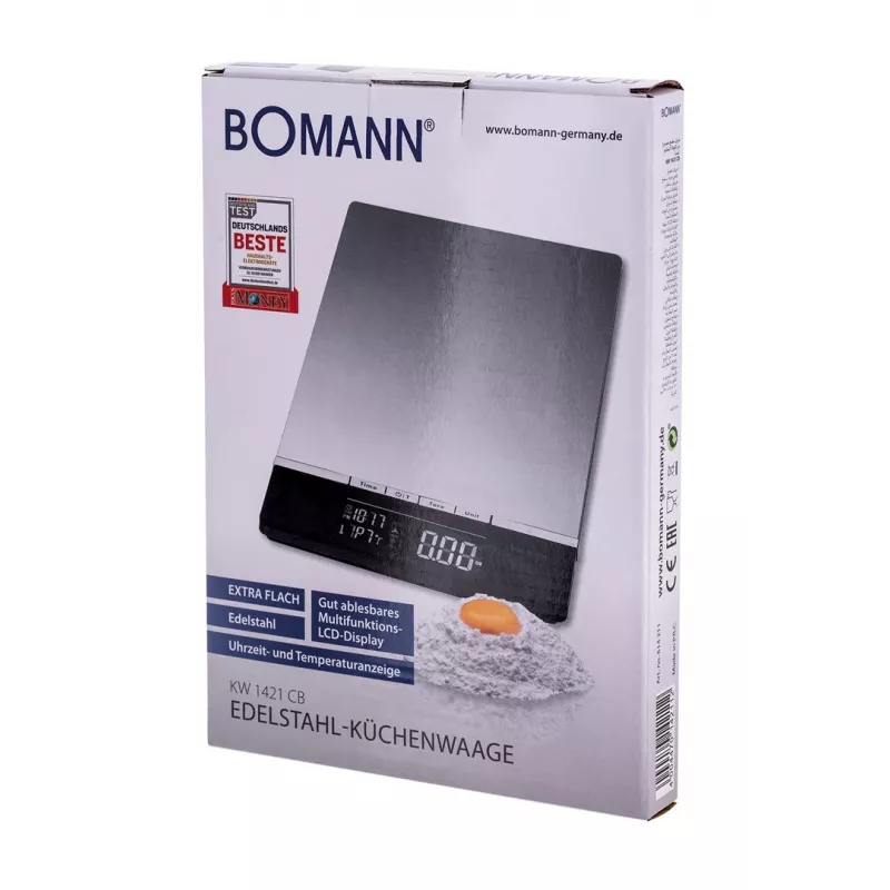 Bomann KW 1421 CB báscula de cocina, pantalla LCD, acero inoxidable, 160 x 230 x 18 mm, AAA, negra (614211)