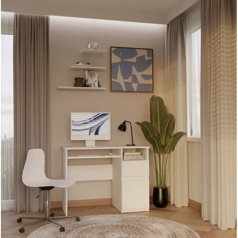 Escritorio top e shop PORTO derecho blanco, tablero rectangular de aglomerado 985×510×755 mm, 1 cajón, bandeja para teclado