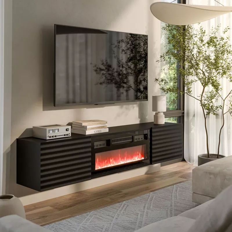 Mueble RTV Cama TULA 183x35x37 negro mate + chimenea negra